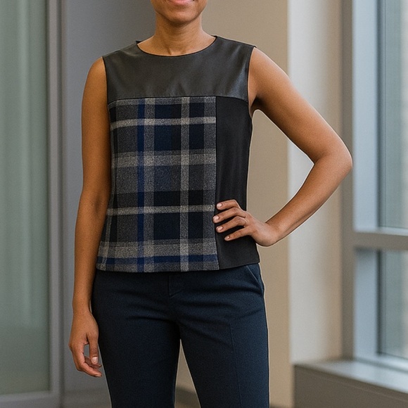 Calvin Klein Sleeveless Blue Black Plaid mixed media top size small - Picture 10 of 10